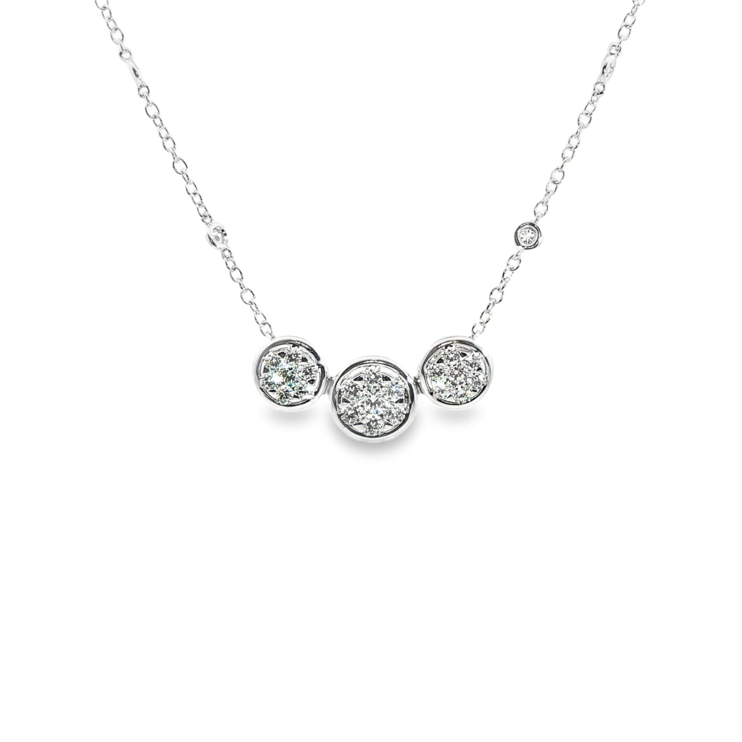 18K White Gold 3 Round Cluster Bezel Pendant Necklace With Diamond Station Chain 1.08Ctw