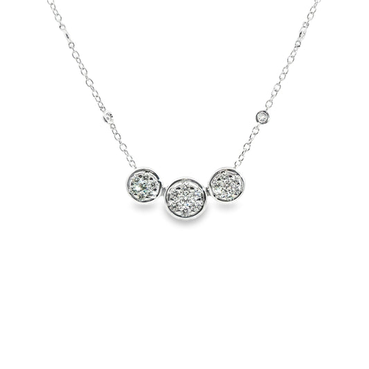 18K White Gold 3 Round Cluster Bezel Pendant Necklace With Diamond Station Chain 1.08Ctw