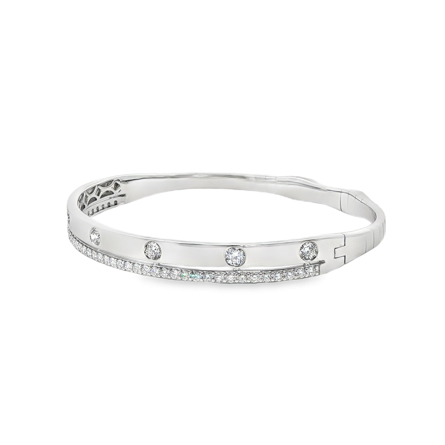 14K White Gold Double Row High Polished And Prong Set Diamond Flex Bracelet 1.35Ctw