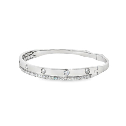 14K White Gold Double Row High Polished And Prong Set Diamond Flex Bracelet 1.35Ctw