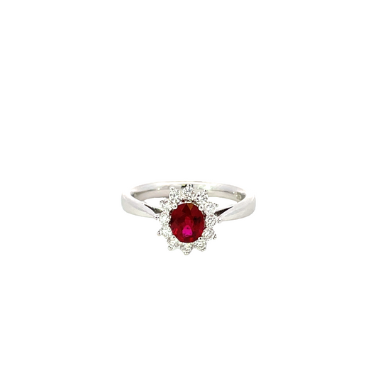 18K WHITE GOLD OVAL CUT RUBY AND DIAMOND RING