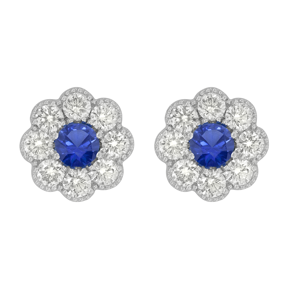 18k white gold diamond and blue sapphire floral studs