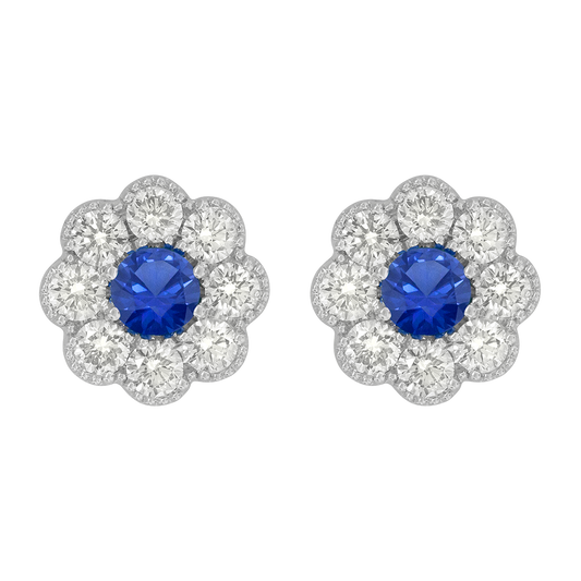 18k white gold diamond and blue sapphire floral studs