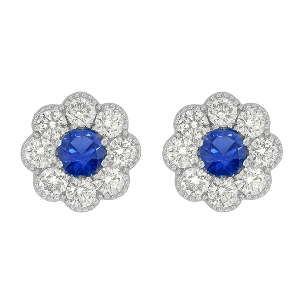18k white gold diamond and blue sapphire floral studs