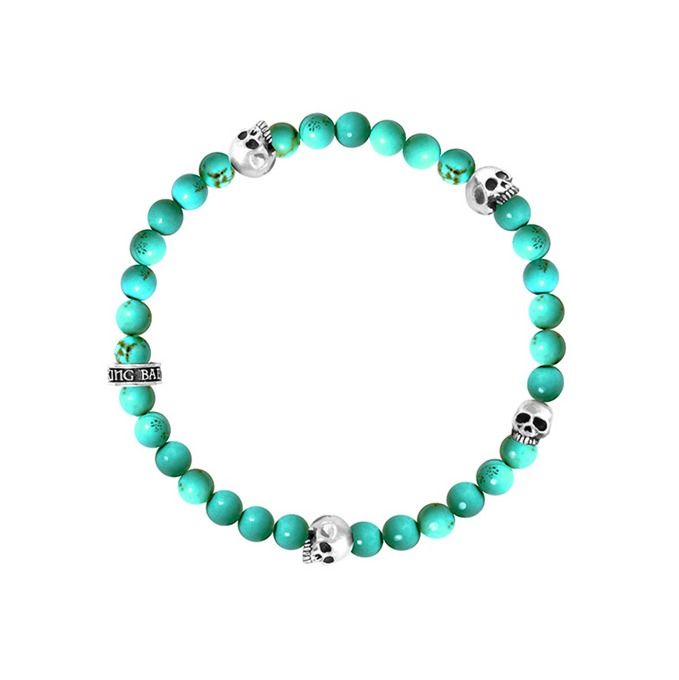 6MM TURQUOISE BEAD BRACELET WITH 4 SKULLS