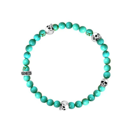 6MM TURQUOISE BEAD BRACELET WITH 4 SKULLS