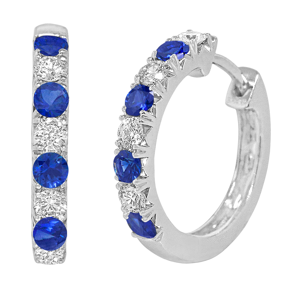 18k white gold diamond and blue sapphire hoops