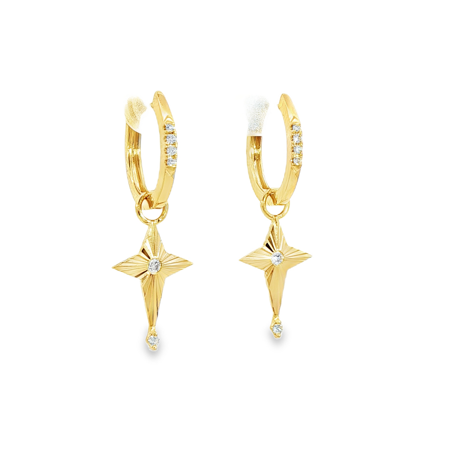 14K Yellow Gold Diamond Hoop Earrings With Flutted Stars 0.12Ctw