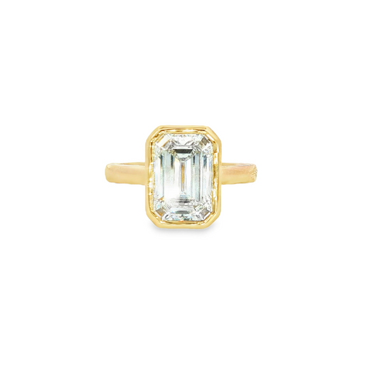 Custom Engagement Ring 3.07Ct Emerald Cut Bezel Set Diamond 14K Yellow Gold 2.5Mm Cathedral Mounting