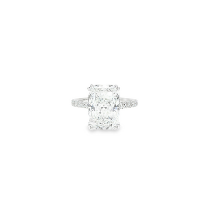 18K White Gold Lab Radiant Cut Diamond Engagment Ring With Contour Gallery Rail And Double Claw Prongs 5.12CT