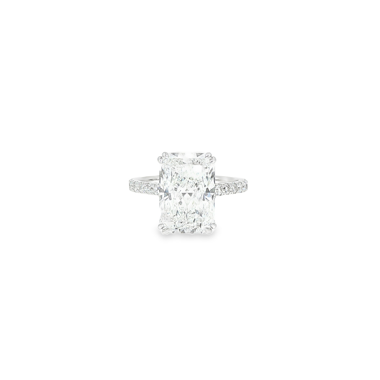 18K White Gold Lab Radiant Cut Diamond Engagment Ring With Contour Gallery Rail And Double Claw Prongs 5.12CT