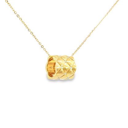 18K Yellow Gold  Diamond Pleated Barrel Pendant Necklace 0.06Ctw