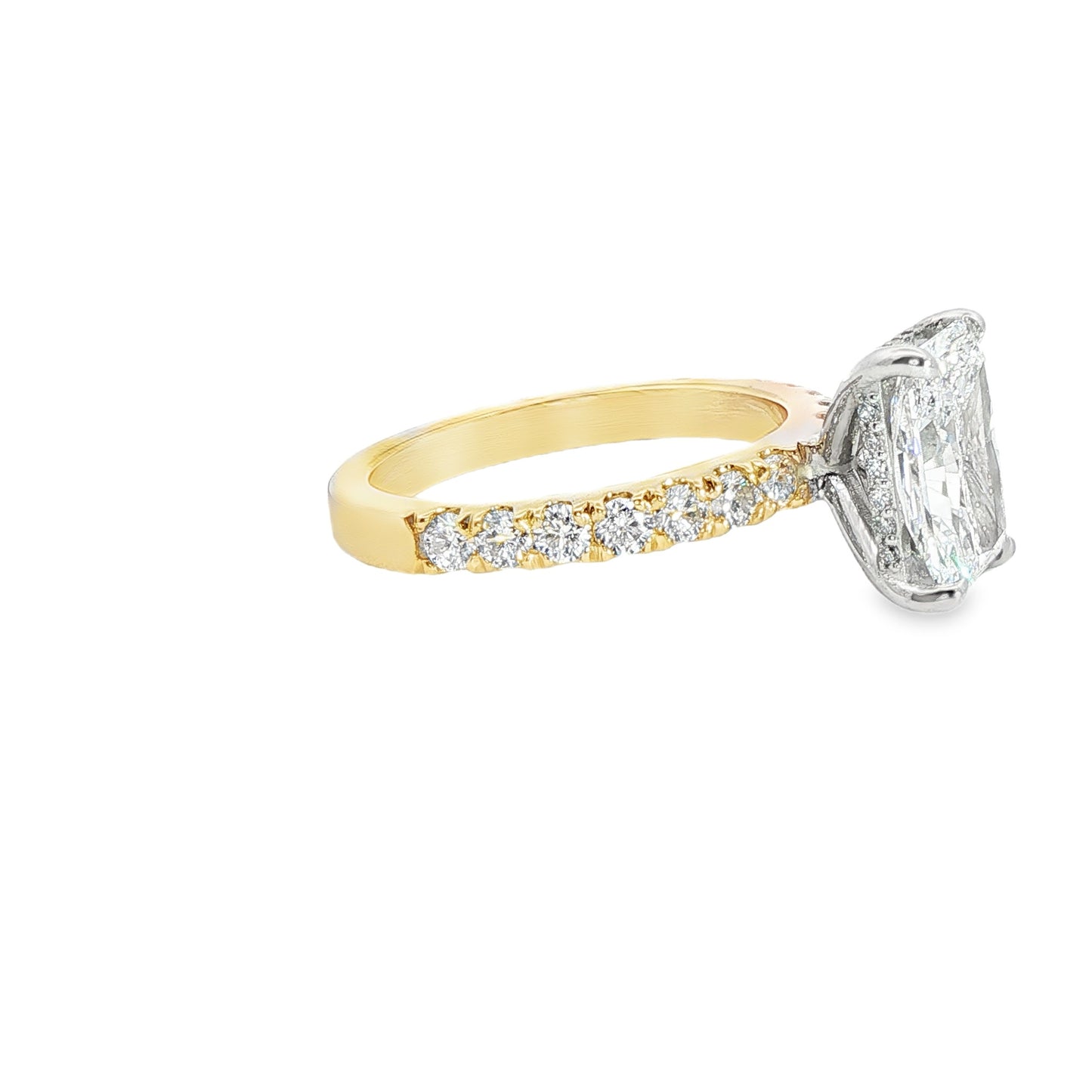 Custom 14K Yellow Gold Radiant 1/2 Way Engagement Ring With White Gold Hidden Halo Head