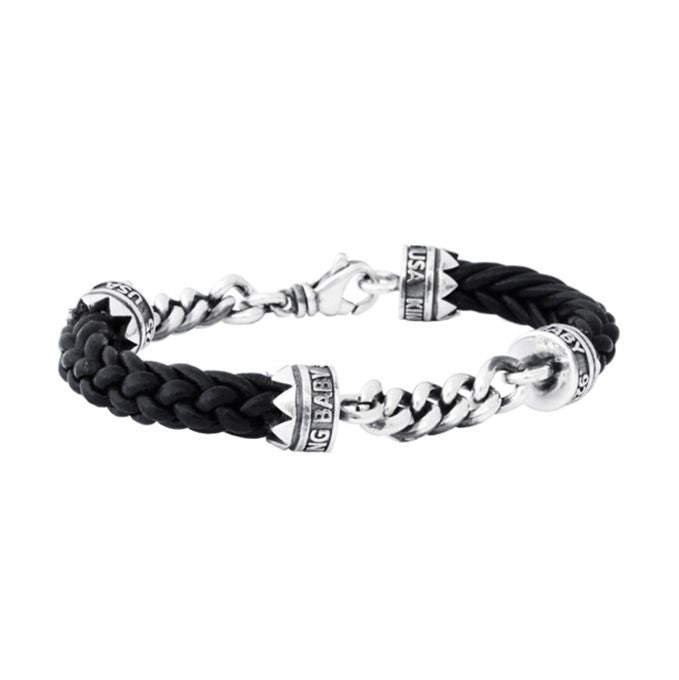 DOUBLE SILVER CHAIN AND LEATHER LANYARD BRACELET