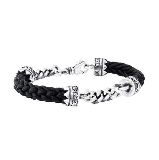 DOUBLE SILVER CHAIN AND LEATHER LANYARD BRACELET