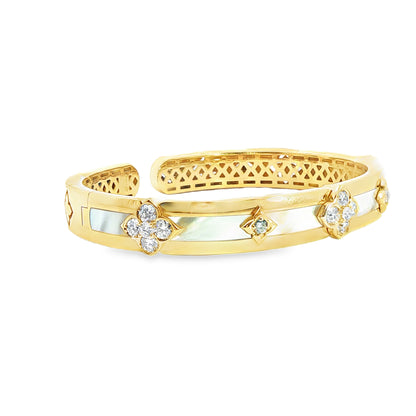 18K Yellow Gold White Mother Of Pearl And Diamond Open Bangel Cuff 1.81Ctw