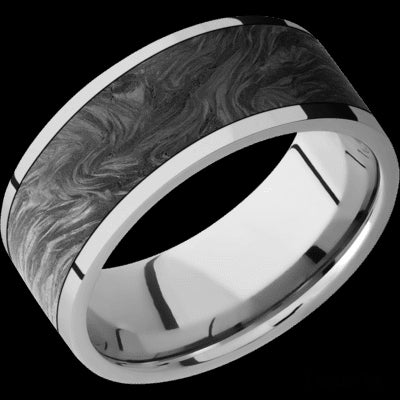9 mm wide/Flat/Titanium band with one 7 mm Centered inlay of Forged Carbon Fiber.