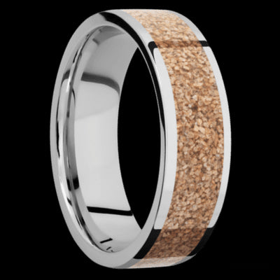 7 mm wide/Flat/Cobalt Chrome band with one 5 mm Centered inlay of Dinosaur Bone Tan.