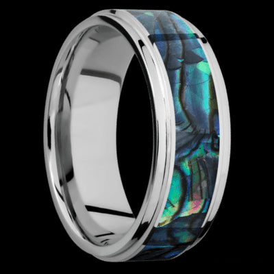 8 mm wide/Flat Grooved Edges/Cobalt Chrome band with one 5 mm Centered inlay of Abalone.