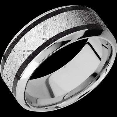 9 mm wide/High Bevel/Cobalt Chrome band featuring inlays of Dinosaur Bone Black and Meteorite.
