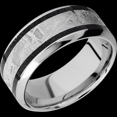 9 mm wide/High Bevel/Cobalt Chrome band featuring inlays of Dinosaur Bone Black and Meteorite.