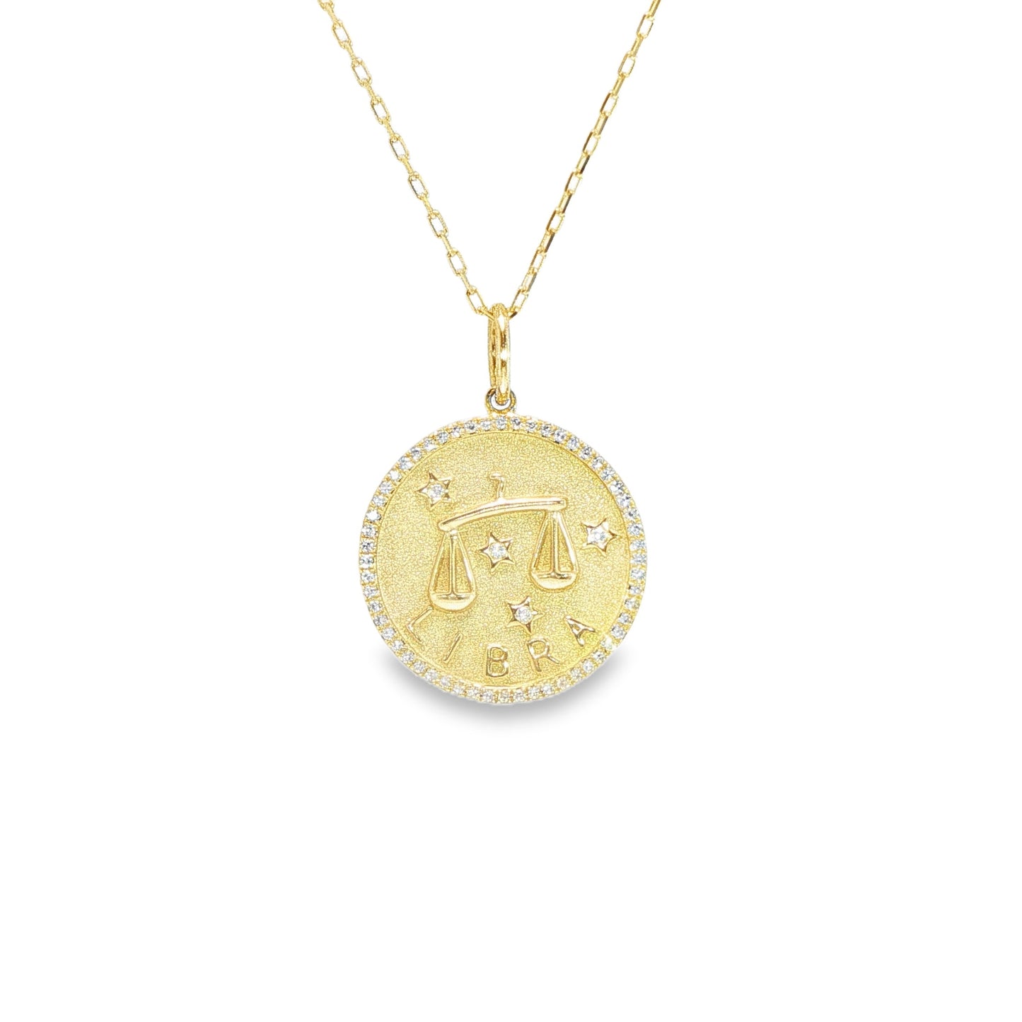 14K Yellow Gold Zodiac Libra  Disc Pendant 0.20Ct On Diamond Cut Link 16" Chain
