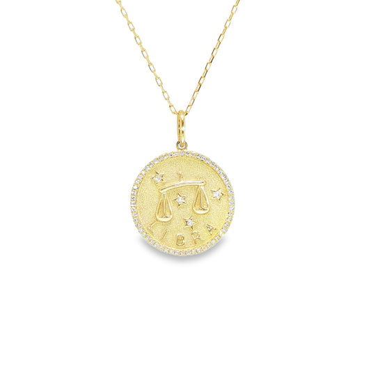 14K Yellow Gold Zodiac Libra  Disc Pendant 0.20Ct On Diamond Cut Link 16" Chain