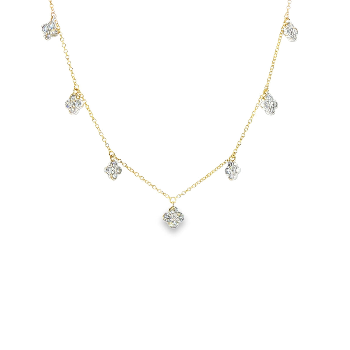 14K Yellow Gold Clover 7-Station Diamond Drop Necklace Diamonds Total 0.50Ct