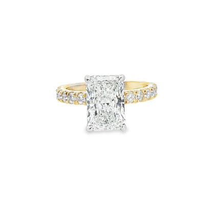 Custom 14K Yellow Gold Radiant 1/2 Way Engagement Ring With White Gold Hidden Halo Head