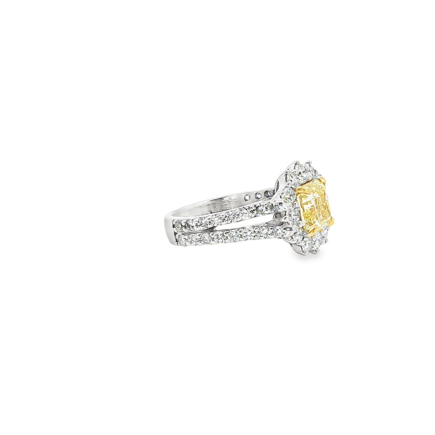 14K White Gold Fancy Yellow Princess Cut Diamond Halo Split Shank Ring