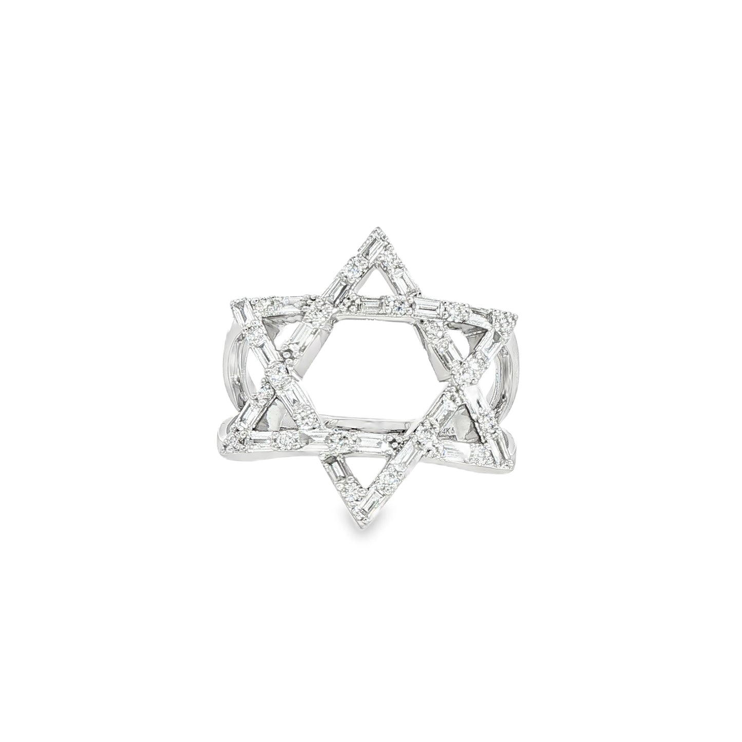 14K White Gold Diamond Star Of David Ring Containing Rounds And Bagguettes 0.57Ctw
