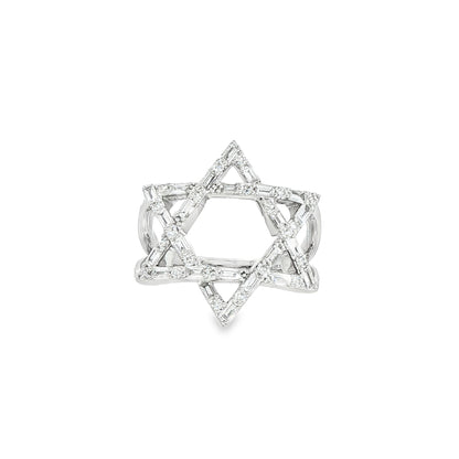 14K White Gold Diamond Star Of David Ring Containing Rounds And Bagguettes 0.57Ctw