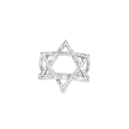 14K White Gold Diamond Star Of David Ring Containing Rounds And Bagguettes 0.57Ctw