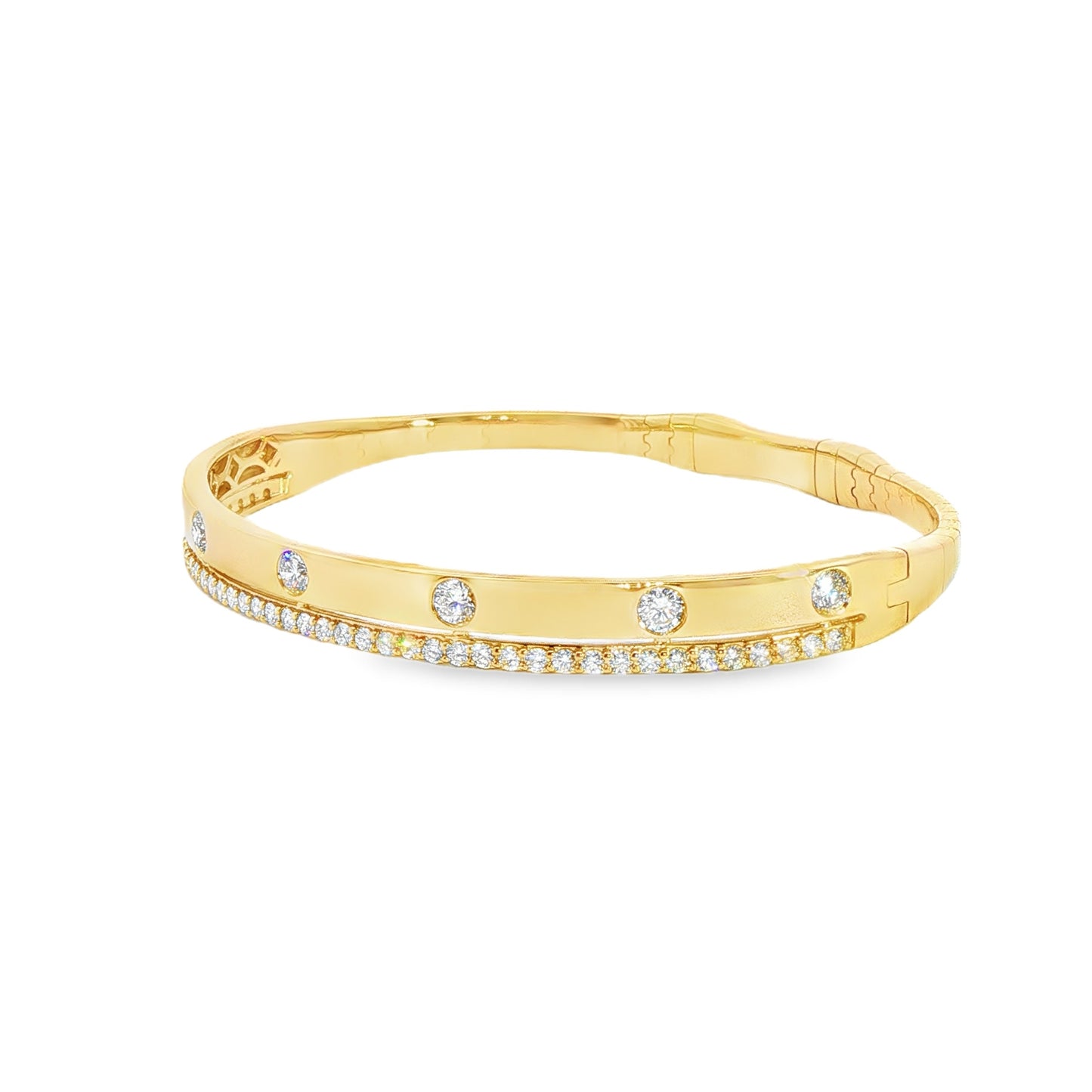 14K Yellow Gold Double Row High Polished And Prong Set Diamond Flex Bracelet 1.35Ctw