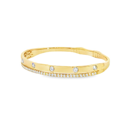 14K Yellow Gold Double Row High Polished And Prong Set Diamond Flex Bracelet 1.35Ctw