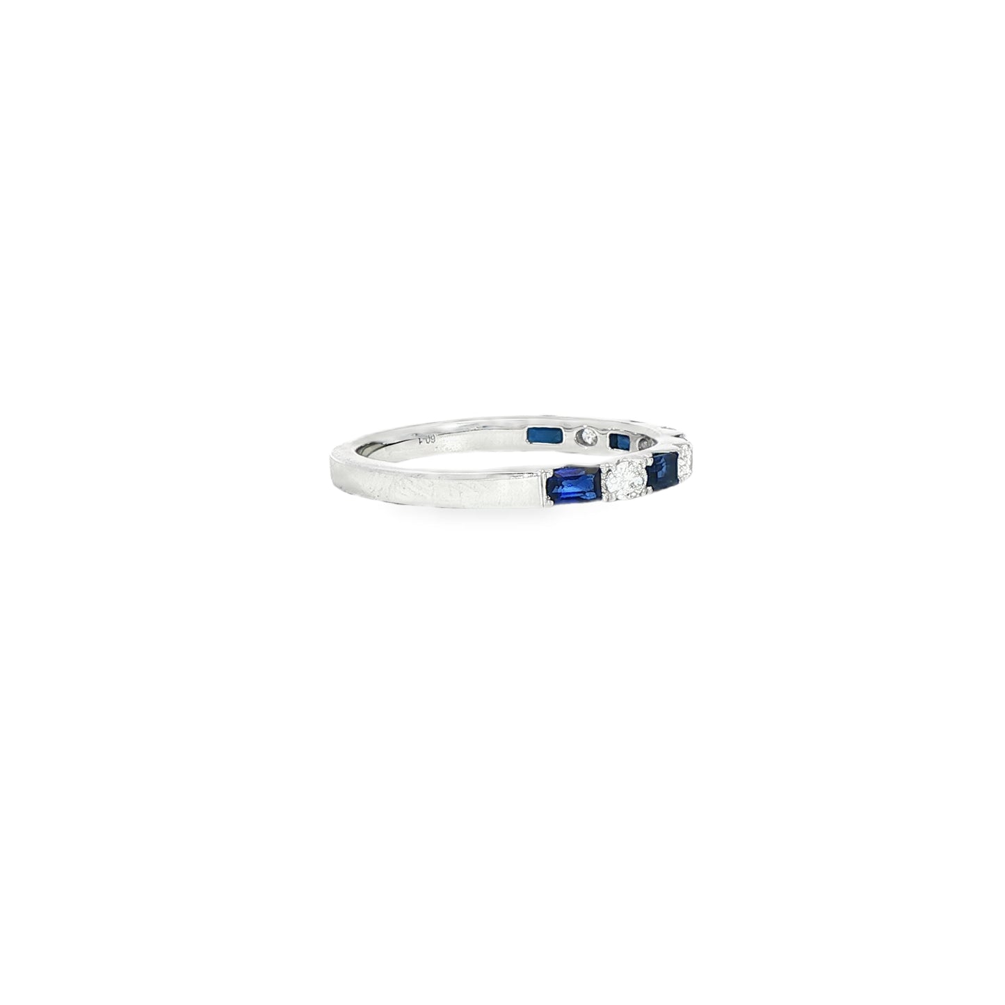 18K White Gold Alternating Blue Sapphire Bagguete And Oval Diamond Ring
