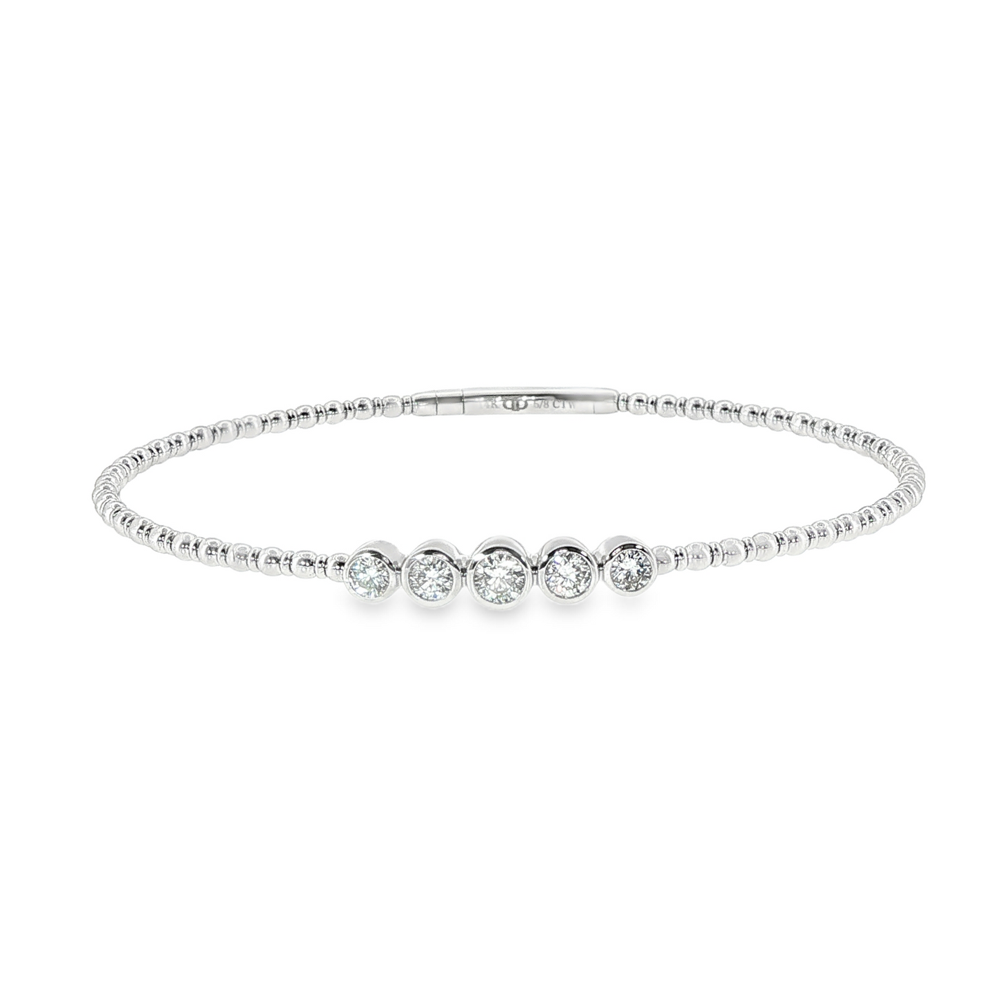 14K White Gold Natural Diamond Flex Bracelet Containing 5 Bezel Set Round Diamonds Totaling 0.62Ct On Beaded Flexi Bracelet Size 6.75
