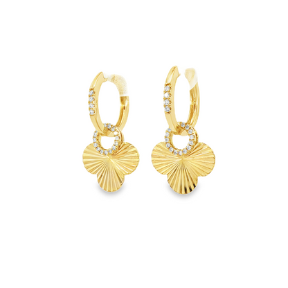14K Yellow Gold Diamond Hoop Earrings With Flutted Clovers 0.16Ctw