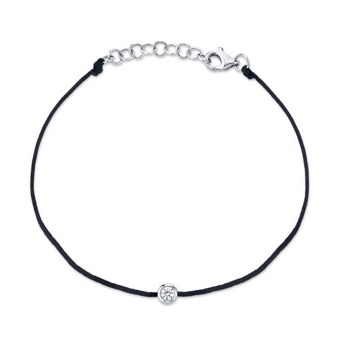 White Gold Bezel Set Black Cord Bracelet