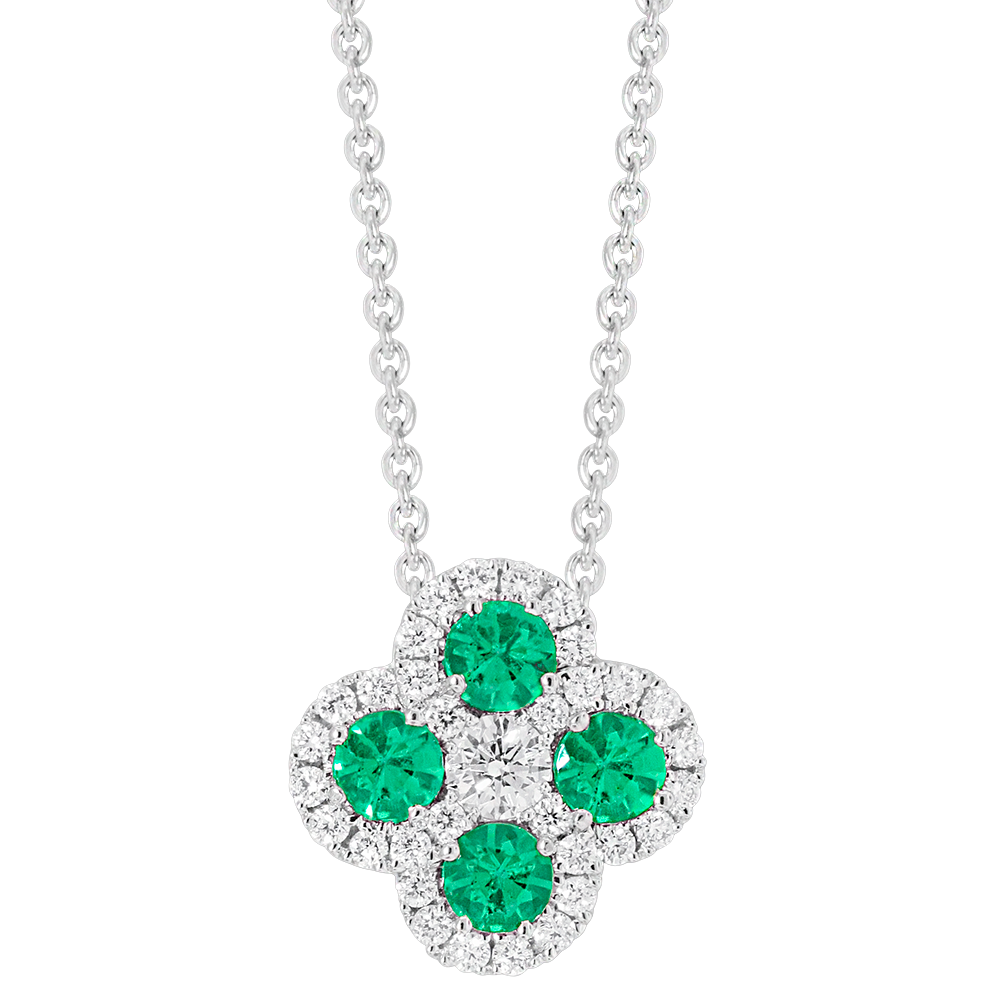 18k white gold diamond and emearld clover pendant 0.73ct