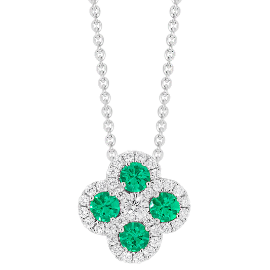 18k white gold diamond and emearld clover pendant 0.73ct
