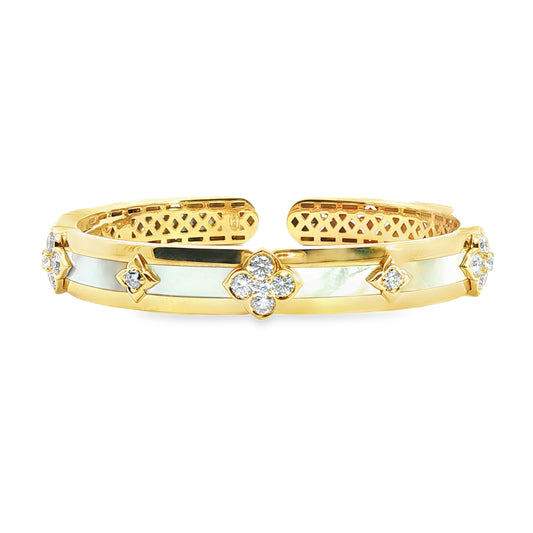 18K Yellow Gold White Mother Of Pearl And Diamond Open Bangel Cuff 1.81Ctw