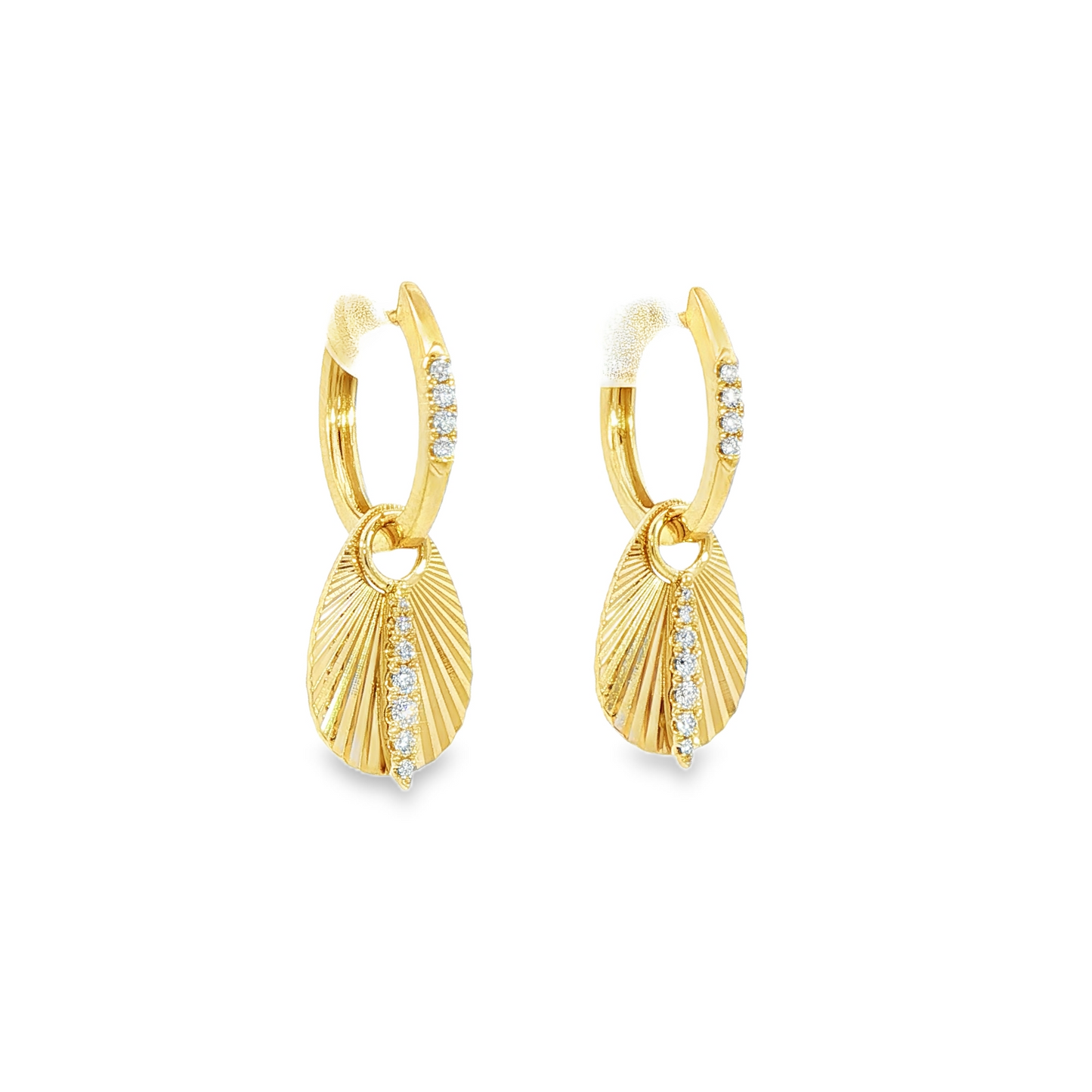 14K Yellow Gold Diamond Hoop Earrings With Flutted Fans 0.16Ctw