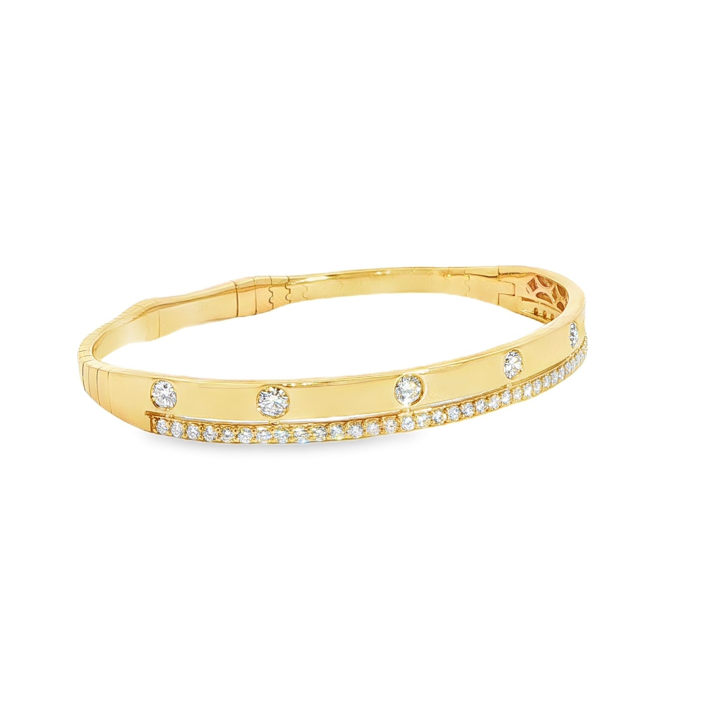 14K Yellow Gold Double Row High Polished And Prong Set Diamond Flex Bracelet 1.35Ctw