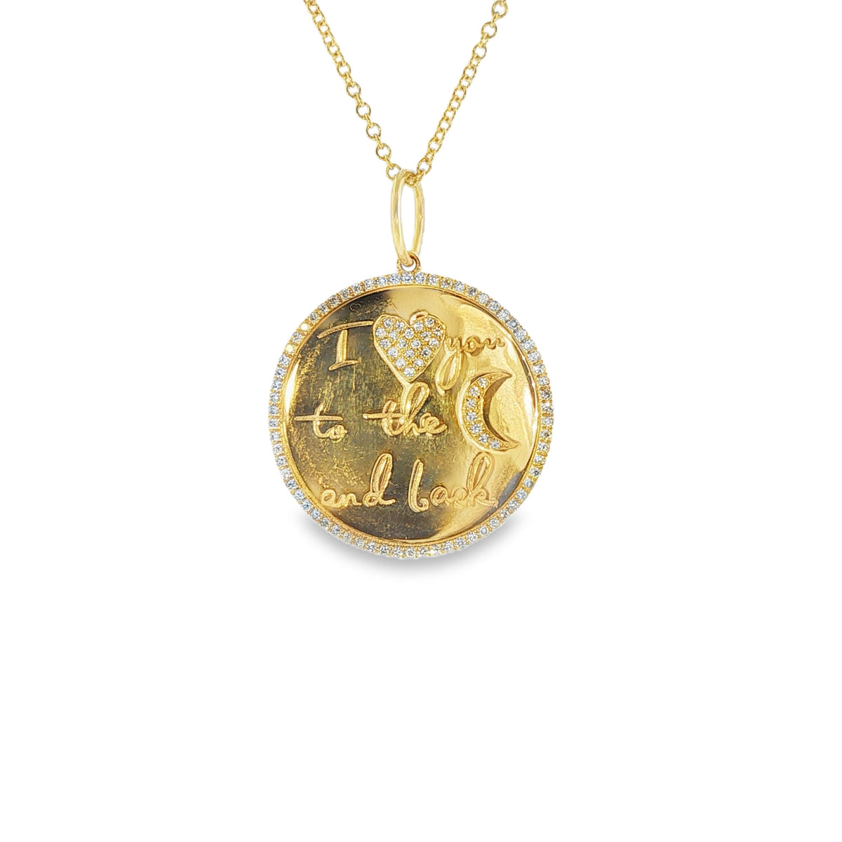 14K Yellow Gold Diamond Disc " I Love You to The Moon And Back "  Pendant