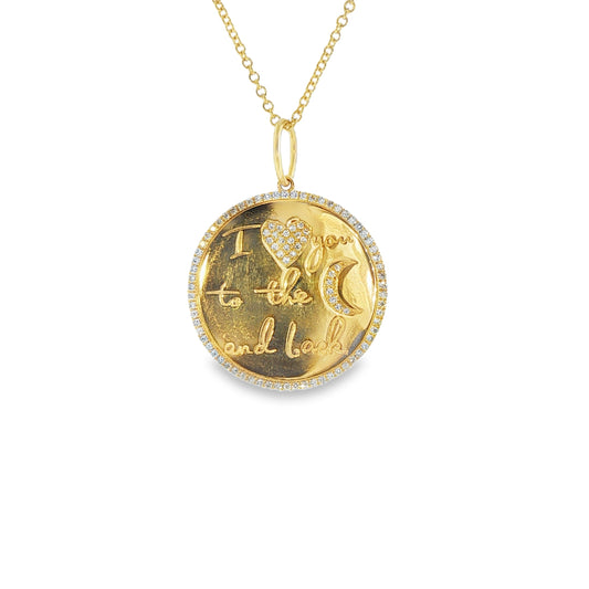 14K Yellow Gold Diamond Disc " I Love You to The Moon And Back "  Pendant