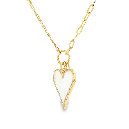 14K Yellow Gold Diamond And Mother Of Pearl Heart Paperclip Link Necklace D 0.20Ctw And Mp 2.07Ct