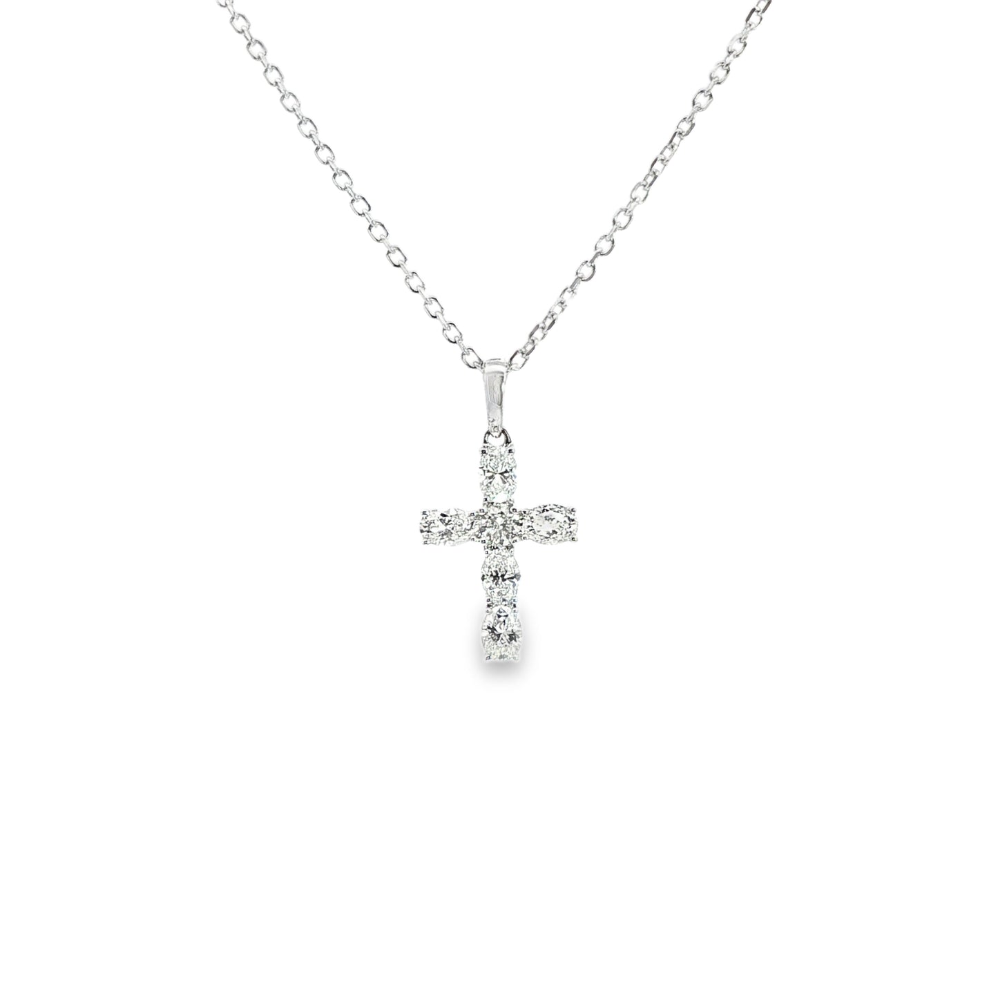 18K White Gold Oval And Round Diamond Cross Necklace 0.78Cttw