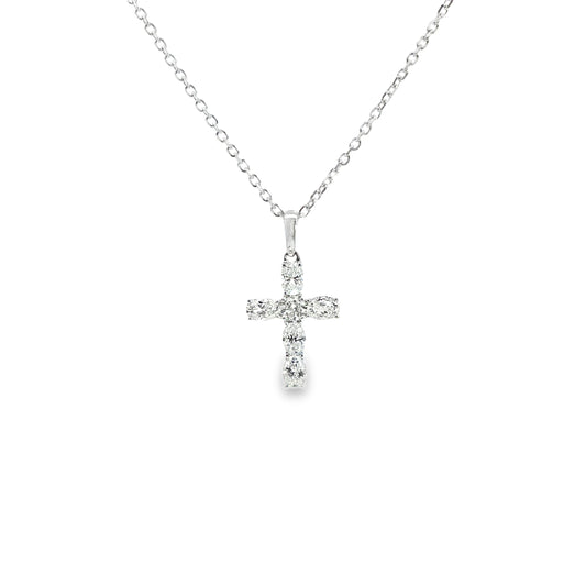 18K White Gold Oval And Round Diamond Cross Necklace 0.78Cttw
