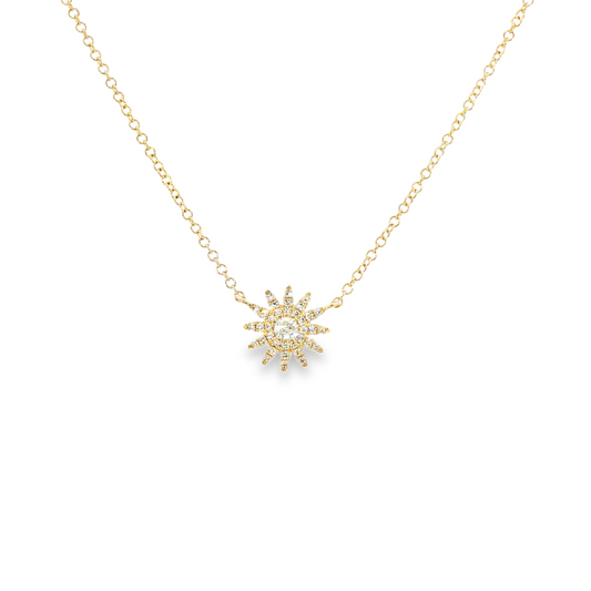 14K Yellow Gold Diamond Starburst Pendant Necklace 0.15Ctw
